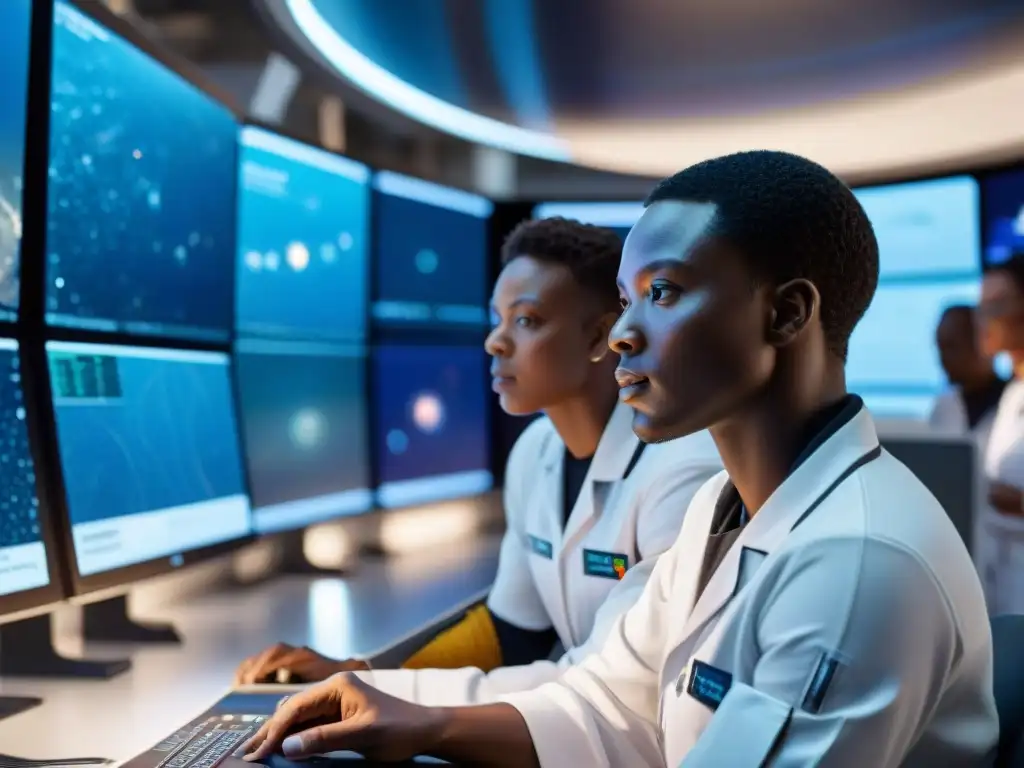 Grupo diverso de estudiantes africanos en instalación de investigación espacial futurista, supervisados por afamado astrofísico africano