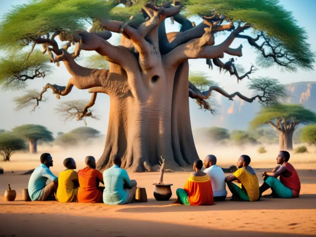 Grupo diverso de estudiantes escuchando atentamente a un anciano bajo un baobab, en prácticas ancestrales de educación innovadora