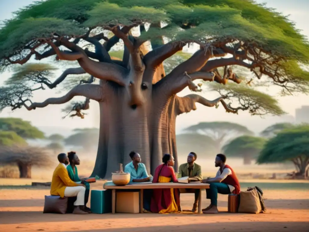 Grupo diverso de estudiantes en animada discusión bajo un árbol en campus africano