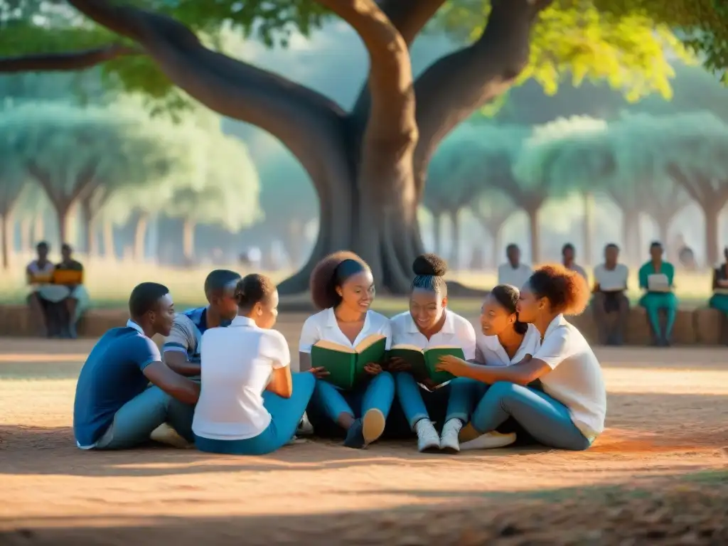 Un grupo diverso de estudiantes leyendo 'Inkinsela yaseMgungundlovu' bajo un árbol, aprendiendo lenguas africanas literatura