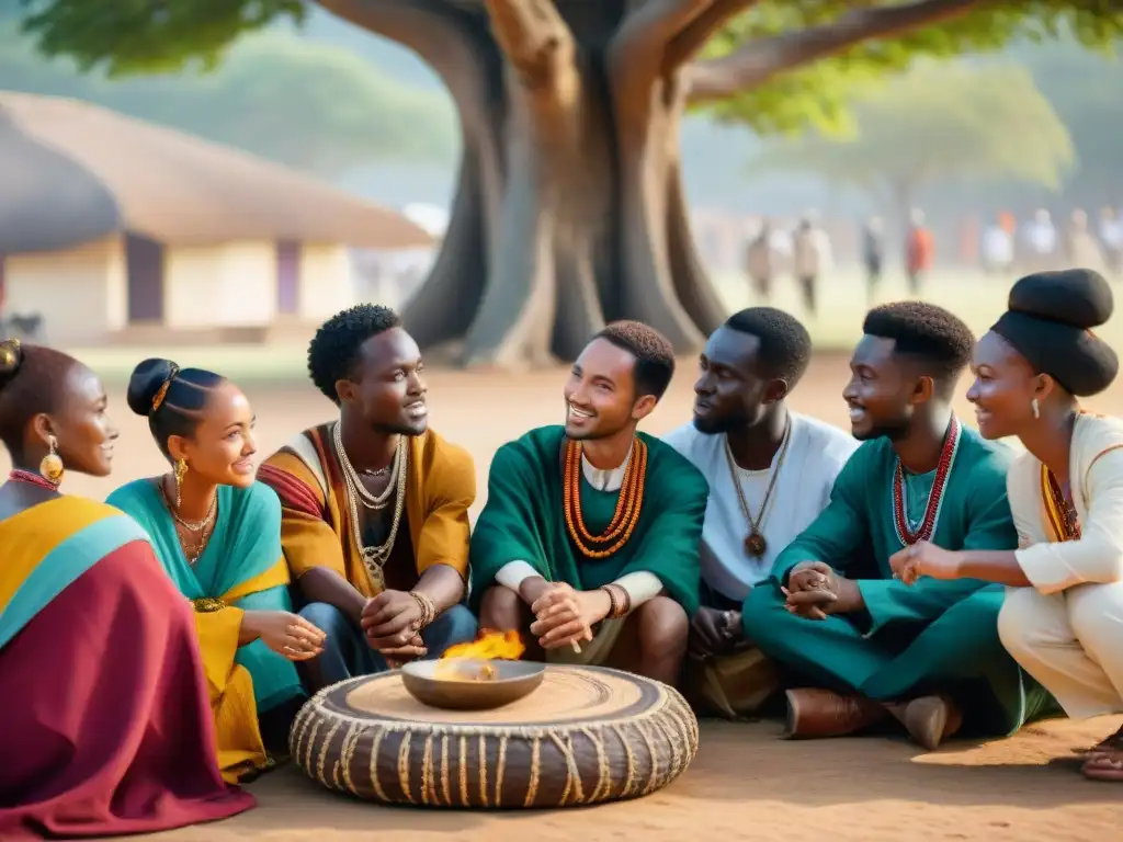 Grupo diverso de estudiantes debajo de un árbol, aprendiendo sobre patrimonio africano