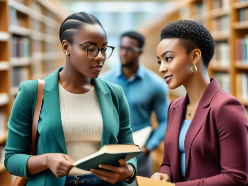 Grupo diverso de estudiantes de ascendencia africana debatiendo en biblioteca universitaria