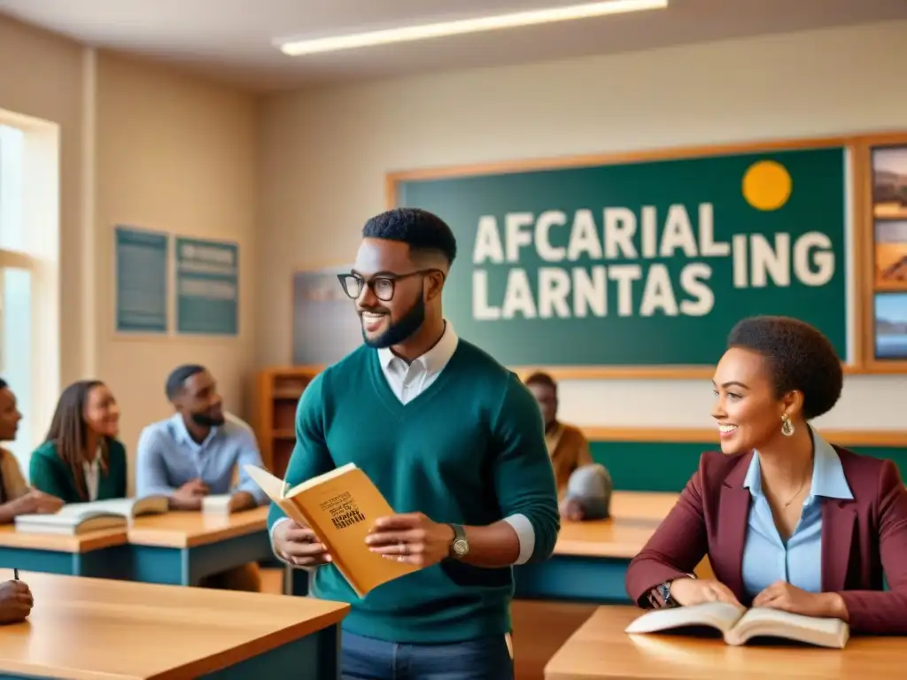 Grupo diverso de estudiantes debatiendo en un aula inclusiva con perspectivas africanas en educación