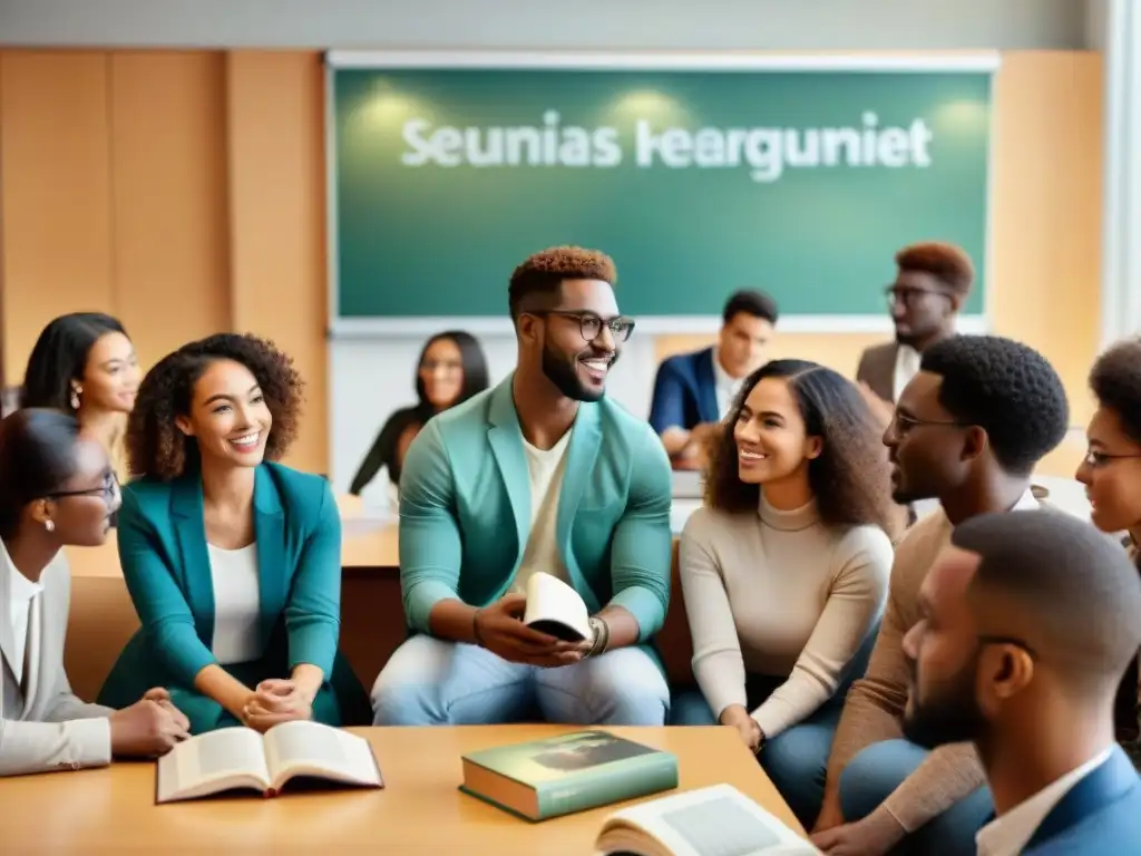 Grupo diverso de estudiantes debatiendo en aula moderna, reflejando legado diáspora africana educación empoderamiento