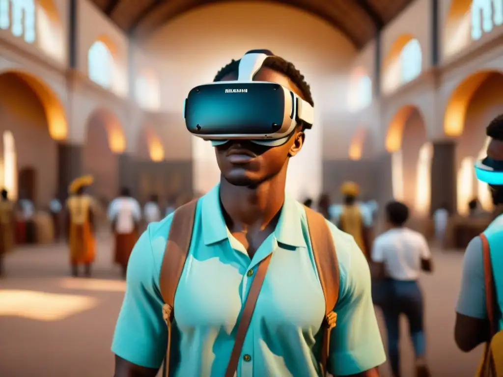 Un grupo diverso de estudiantes explorando civilizaciones africanas a través de aplicaciones móviles, inmersos en la realidad virtual