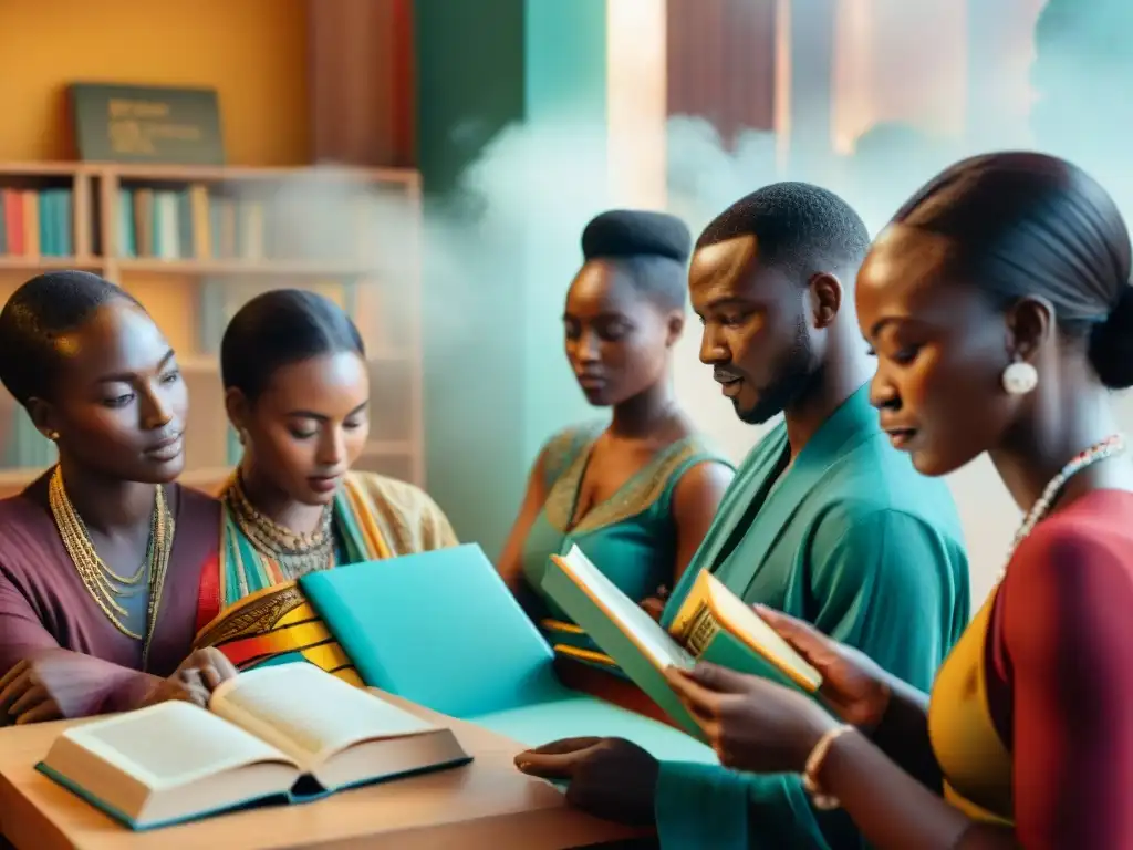 Grupo diverso de estudiantes aprendiendo lenguas africanas literatura en animada discusión rodeados de libros y materiales educativos coloridos