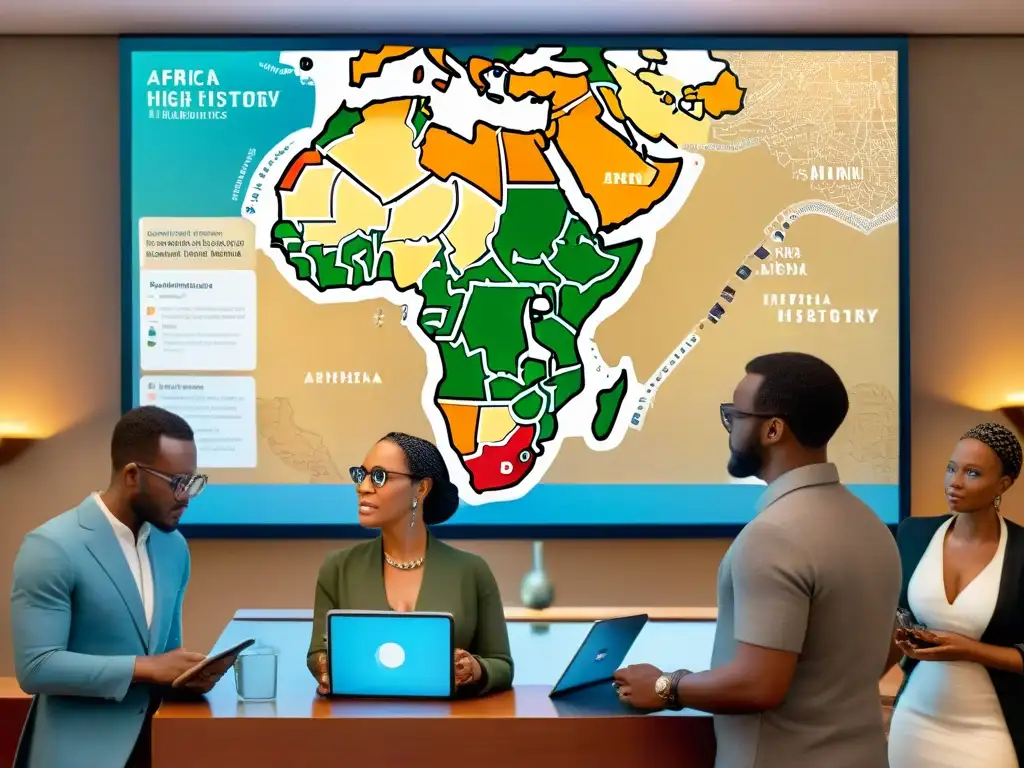 Un grupo diverso de expertos discute intensamente sobre un mapa interactivo de África