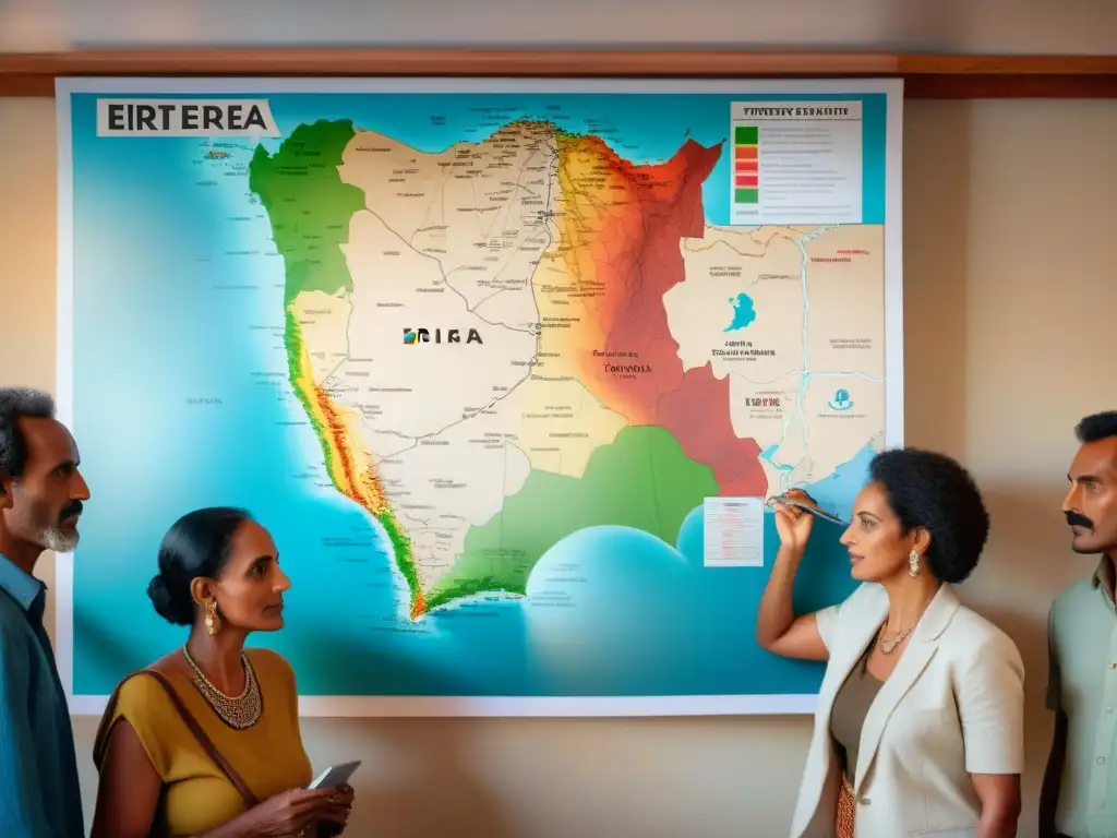 Un grupo diverso de eritreos discute con pasión frente a un gran mapa de Eritrea