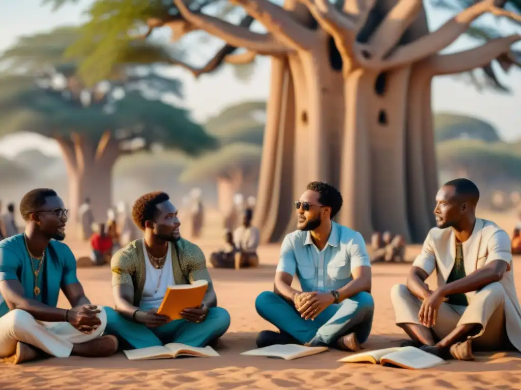 Conversación vibrante de hablantes de lenguas africanas bajo baobab Grupo diverso de hablantes de lenguas africanas debatiendo bajo un baobab, rodeados de manuscritos antiguos y tecnología