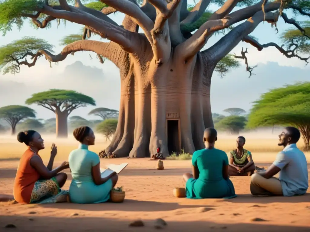 Un grupo diverso aprende un idioma africano bajo un baobab, reflejando la influencia de idiomas africanos