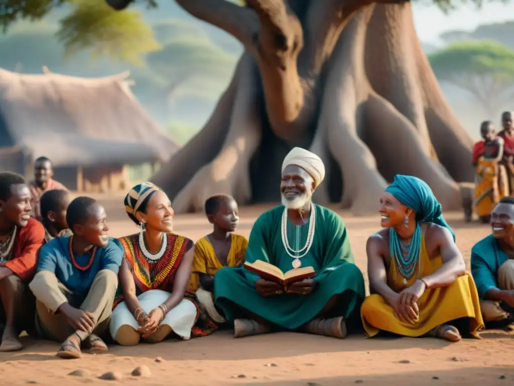 Un grupo diverso aprende idiomas africanos autóctonos bajo un árbol en una aldea tradicional, mostrando alegría y concentración