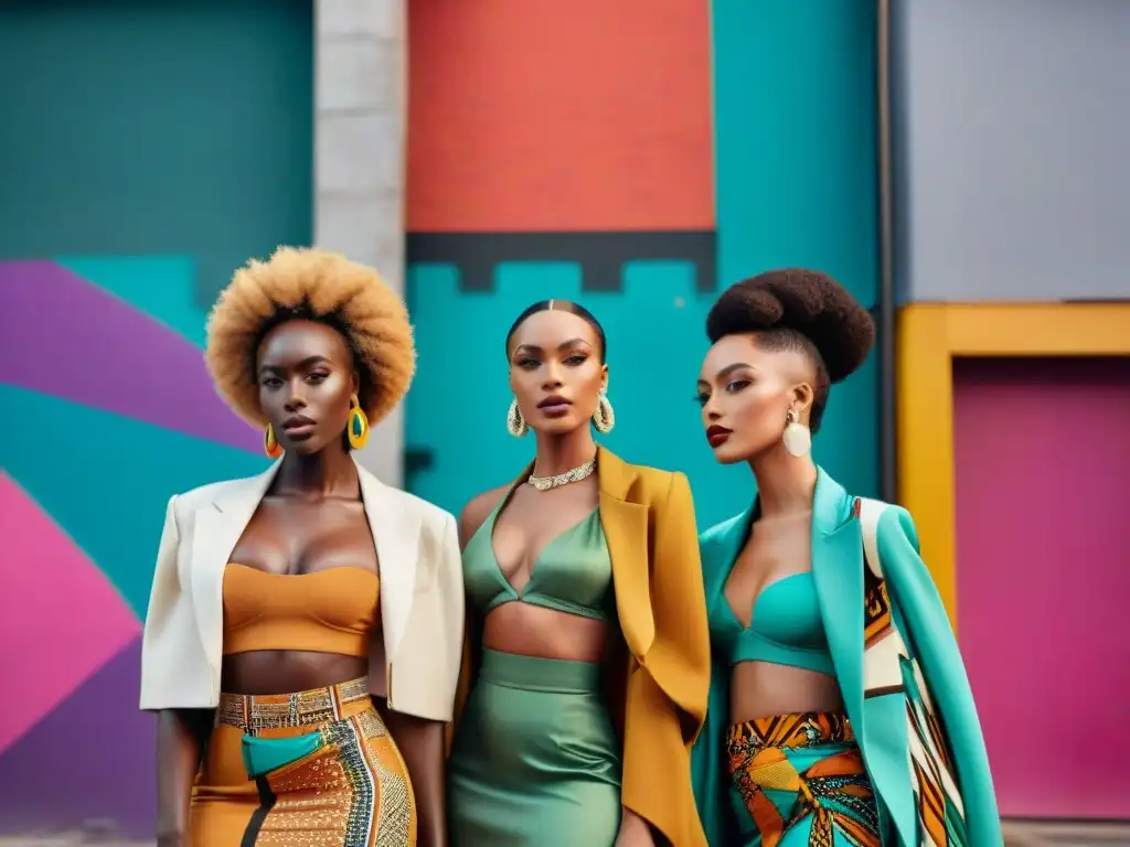 Un grupo diverso de influencers africanos en moda y belleza, unidos en una ciudad vibrante