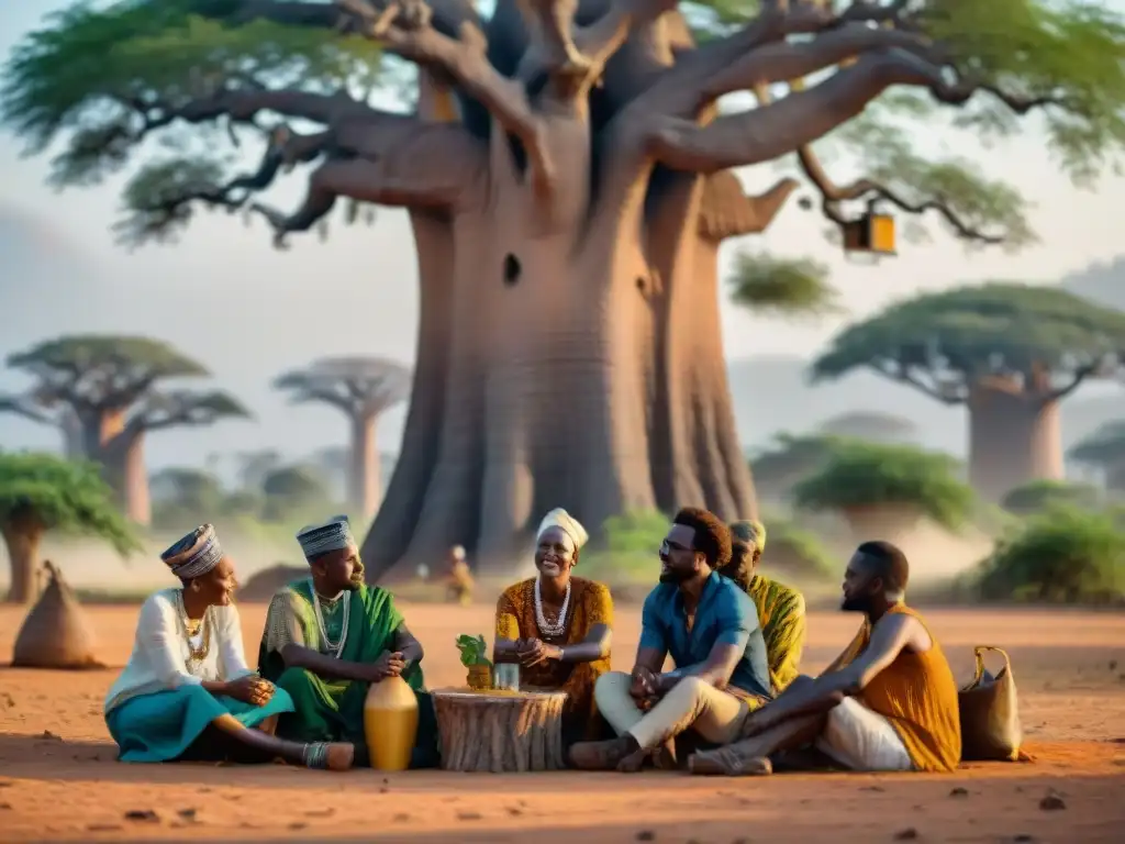 Un grupo diverso de innovadores africanos colaborando bajo un baobab, rodeados de inventos ecoamigables