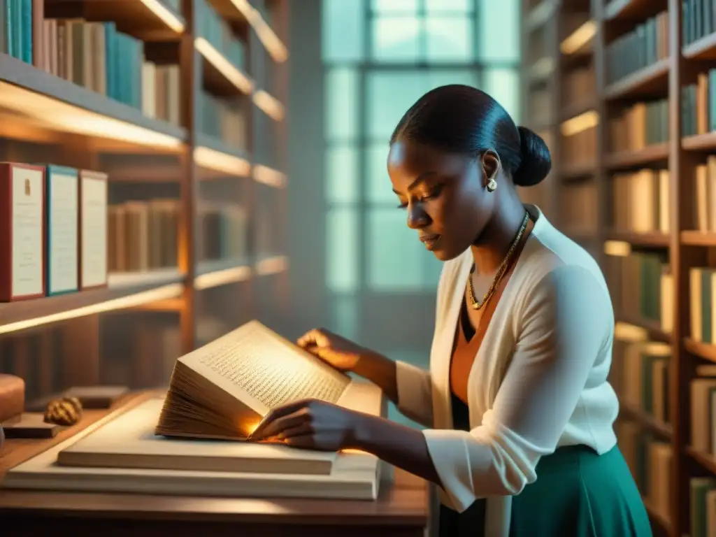 Grupo diverso de investigadores y preservacionistas africanos trabajando juntos en una histórica biblioteca, restaurando y digitalizando valioso patrimonio PanAfricano