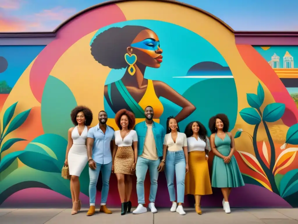 Un grupo diverso de jóvenes de la diáspora africana se reencuentra con sus raíces frente a un mural vibrante que celebra la cultura y la historia africanas