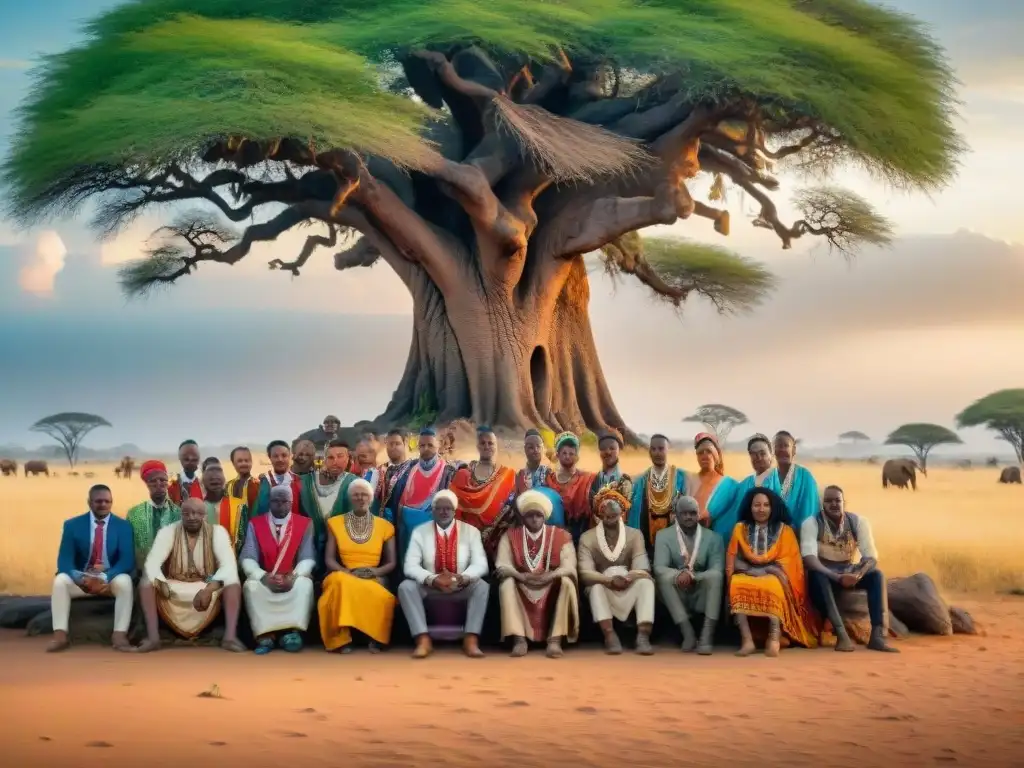 Grupo diverso de jóvenes estudiantes y anciano sabio comparten historias bajo un árbol en África