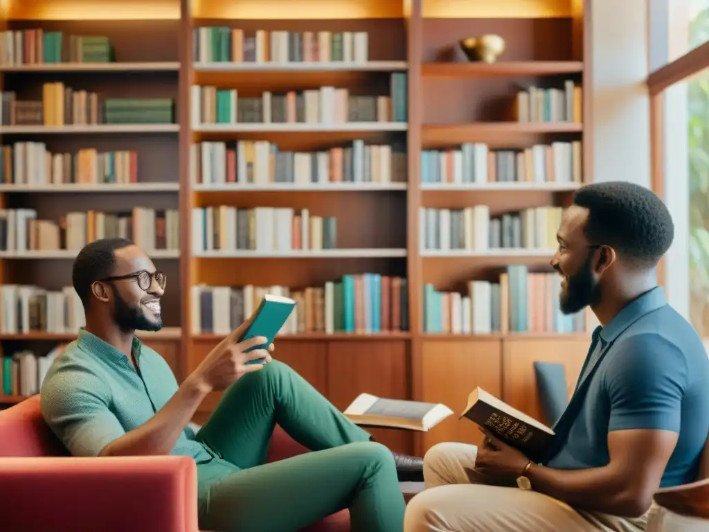 Un grupo diverso aprendiendo lenguas africanas literatura en una biblioteca acogedora con libros coloridos