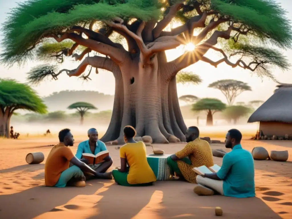 Un grupo diverso lee literatura africana bajo un baobab en una aldea, creando un ambiente de aprendizaje auténtico