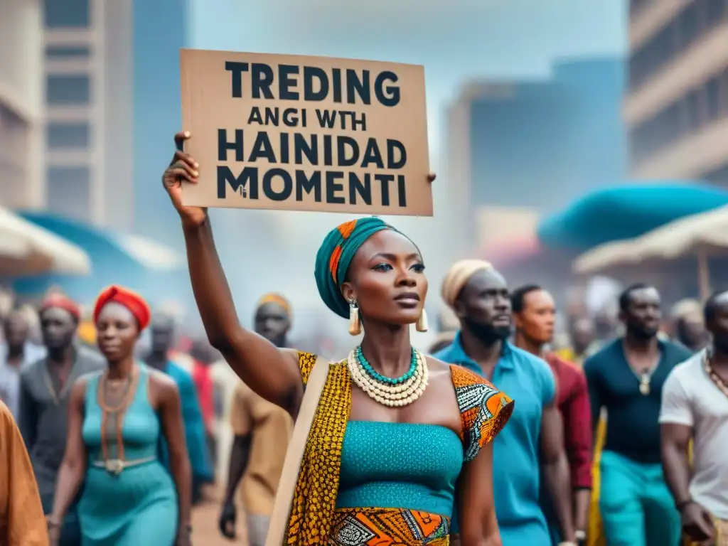 Un grupo diverso de manifestantes africanos marcha unido por las calles, portando pancartas con mensajes poderosos en idiomas africanos