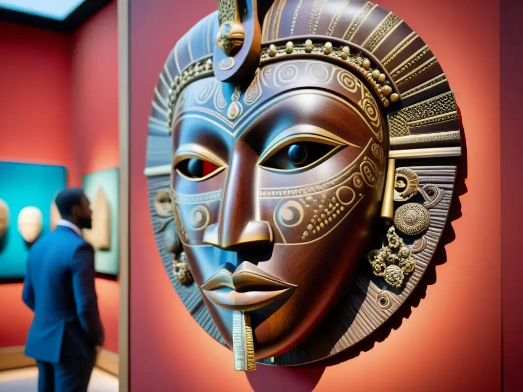 Grupo diverso admira máscara tallada en Museo Quai Branly, resaltando la importancia de museos arte africano en París