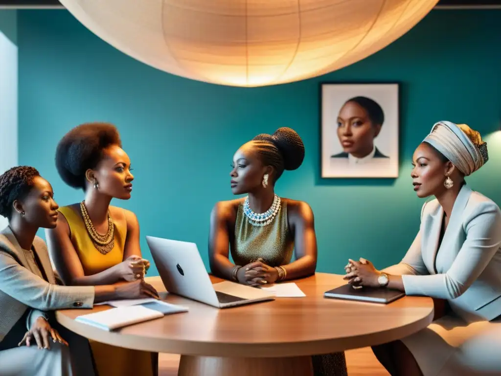 Un grupo diverso de mujeres africanas en atuendos tradicionales y modernos, reunidas en una sala de conferencias con arte africano en las paredes