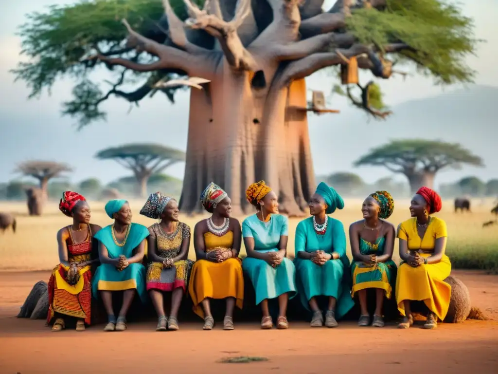 Un grupo diverso de mujeres africanas se reúne bajo un baobab, simbolizando la Desigualdad género raíces África