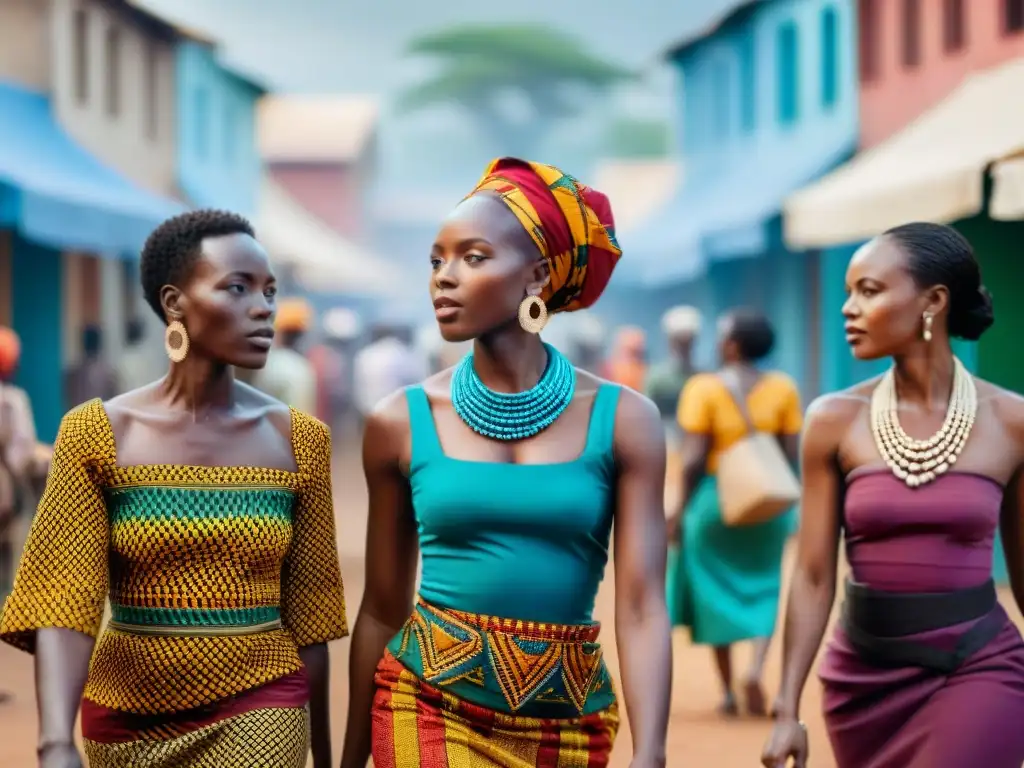 Grupo diverso de mujeres africanas debatiendo sobre género y clase en una animada calle africana