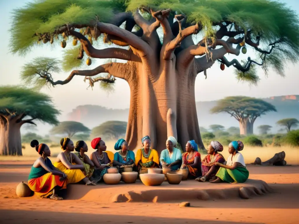 Un grupo diverso de mujeres africanas bajo un baobab, transmitiendo sabiduría y fuerza en un entorno tradicional