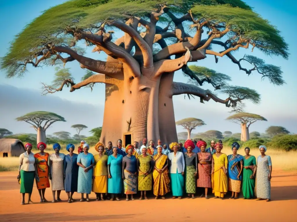 Grupo diverso de mujeres africanas debatiendo política bajo un baobab en la sabana africana