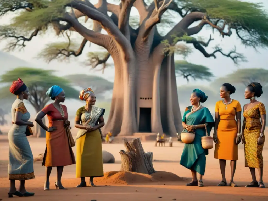 Un grupo diverso de mujeres africanas políticas debate bajo un baobab en una aldea africana, mostrando fusión de tradición y progreso