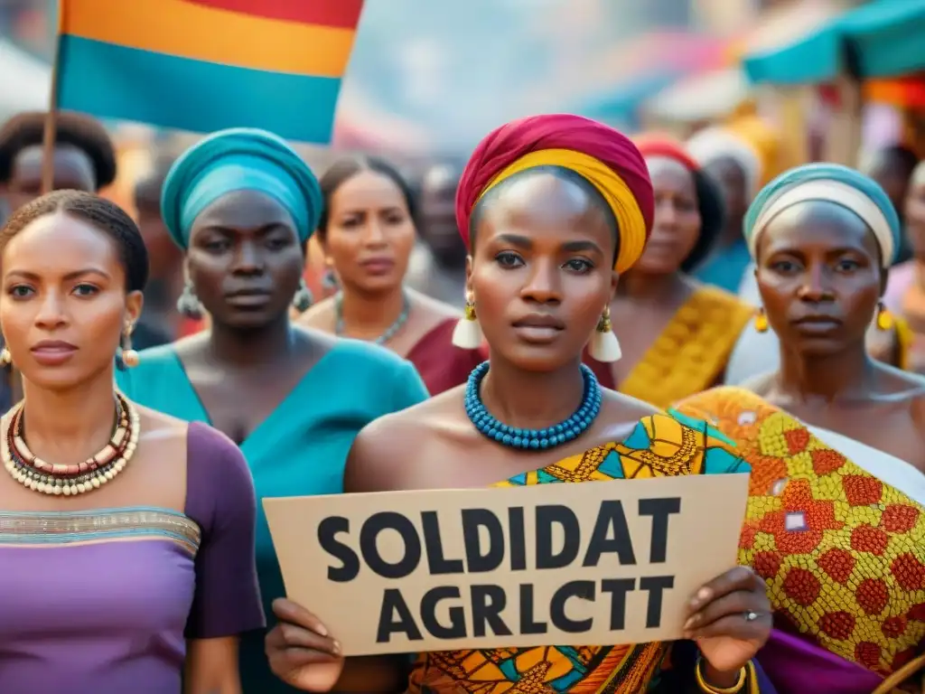 Un grupo diverso de mujeres africanas unidas en un mercado colorido, luchando por el feminismo africano