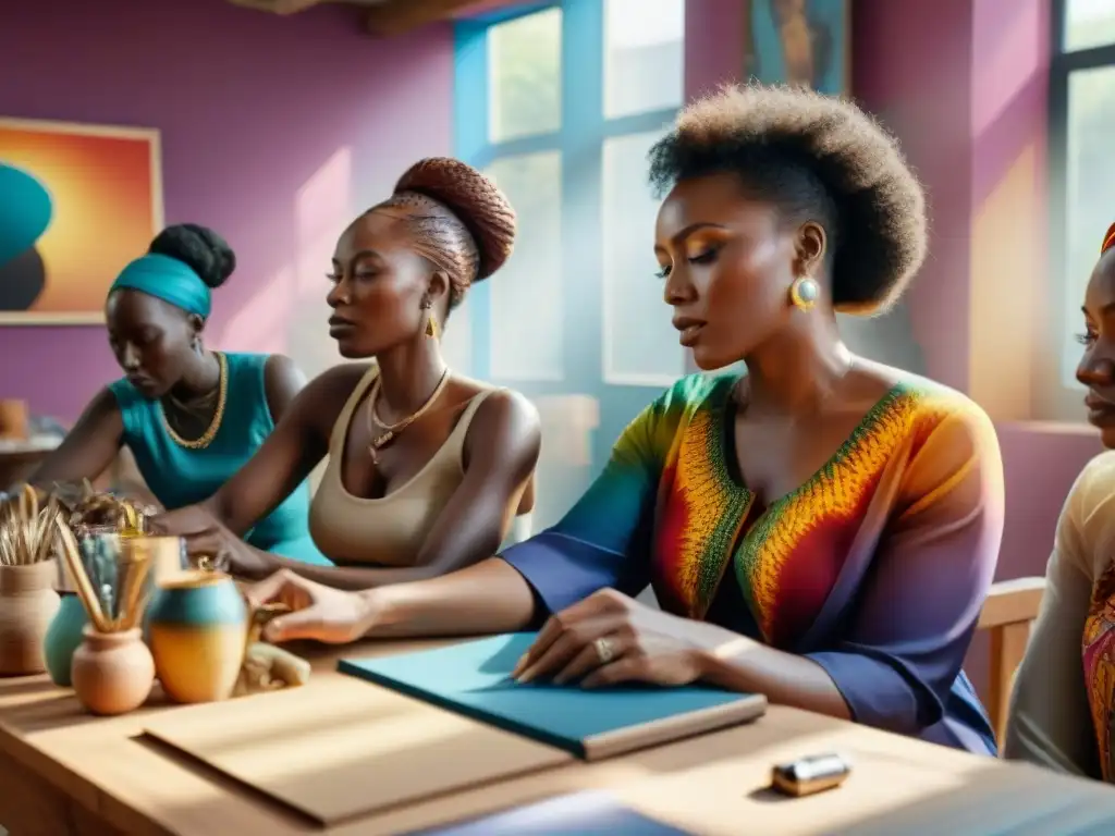 Creatividad femenina: artistas africanas unidas en el estudio Grupo diverso de mujeres artistas africanas creando juntas en estudio vibrante