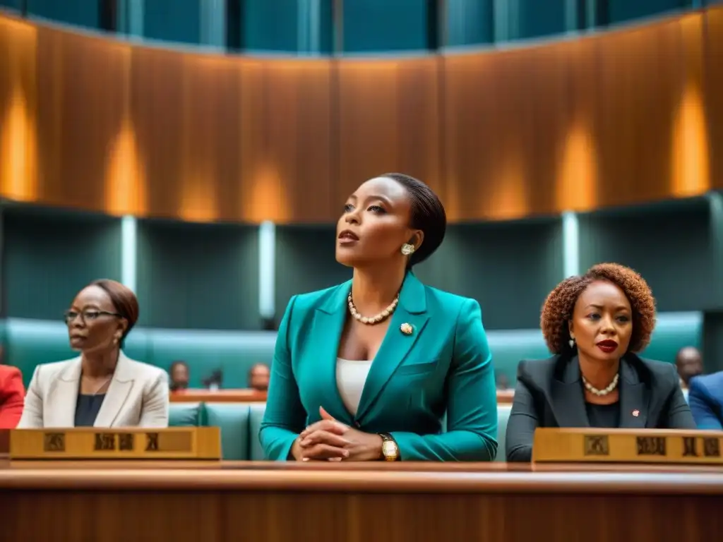 Grupo diverso de mujeres en política africana debatiendo en el parlamento, rodeadas de banderas africanas