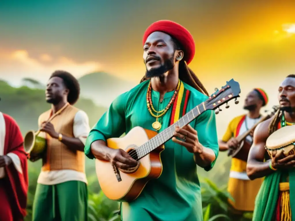 Grupo diverso de músicos africanos fusionando influencia reggae y rastafarismo en vibrante actuación musical