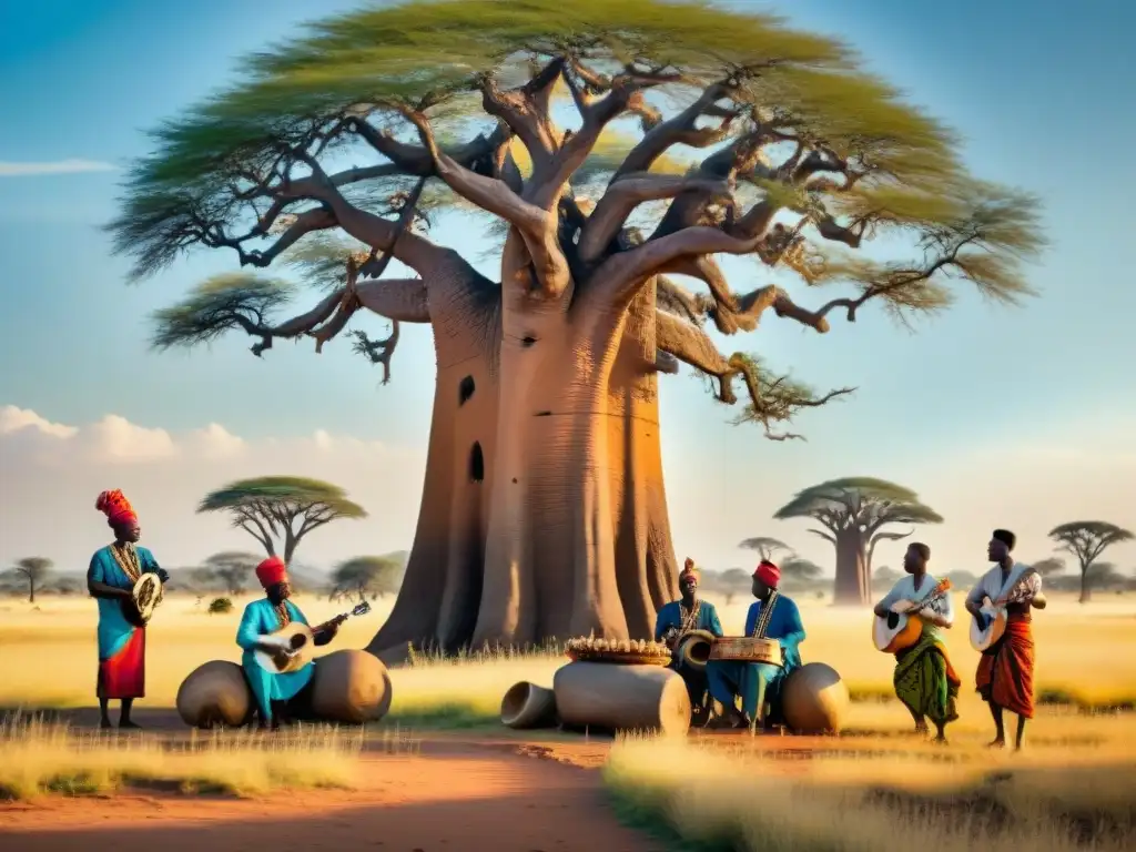 Un grupo diverso de músicos africanos tocando instrumentos tradicionales bajo un baobab en la sabana