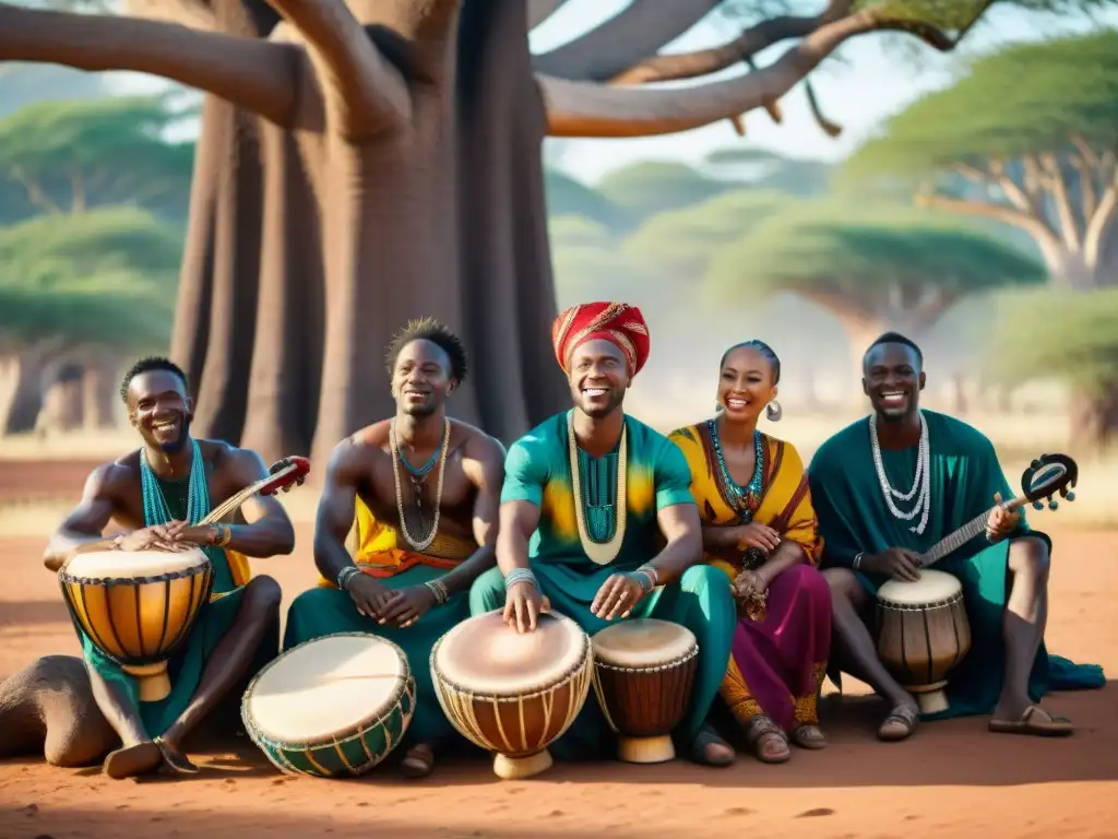 Un grupo diverso de músicos africanos toca instrumentos tradicionales bajo un baobab, reflejando la influencia de minorías étnicas africanas