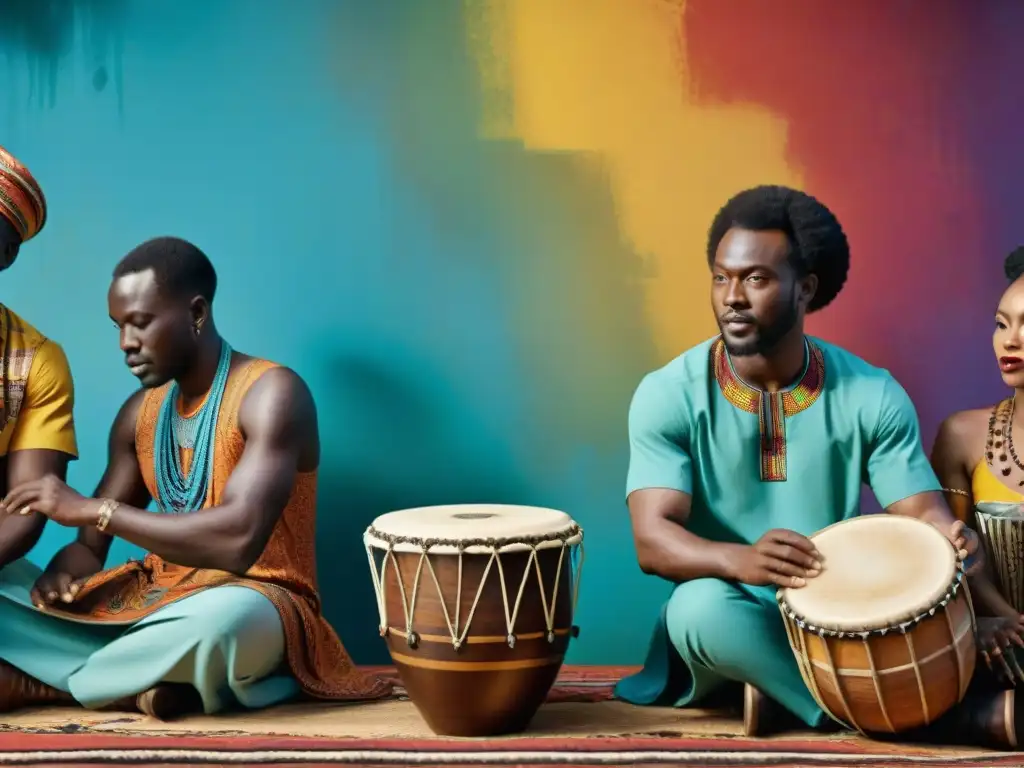 Un grupo diverso de músicos y artistas africanos se reúnen en un estudio colorido, creando juntos en un ambiente vibrante