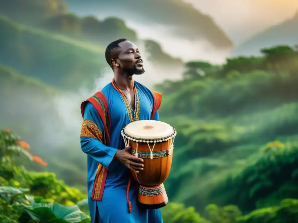 Un grupo diverso de músicos del mundo con instrumentos africanos tradicionales, rodeados de naturaleza