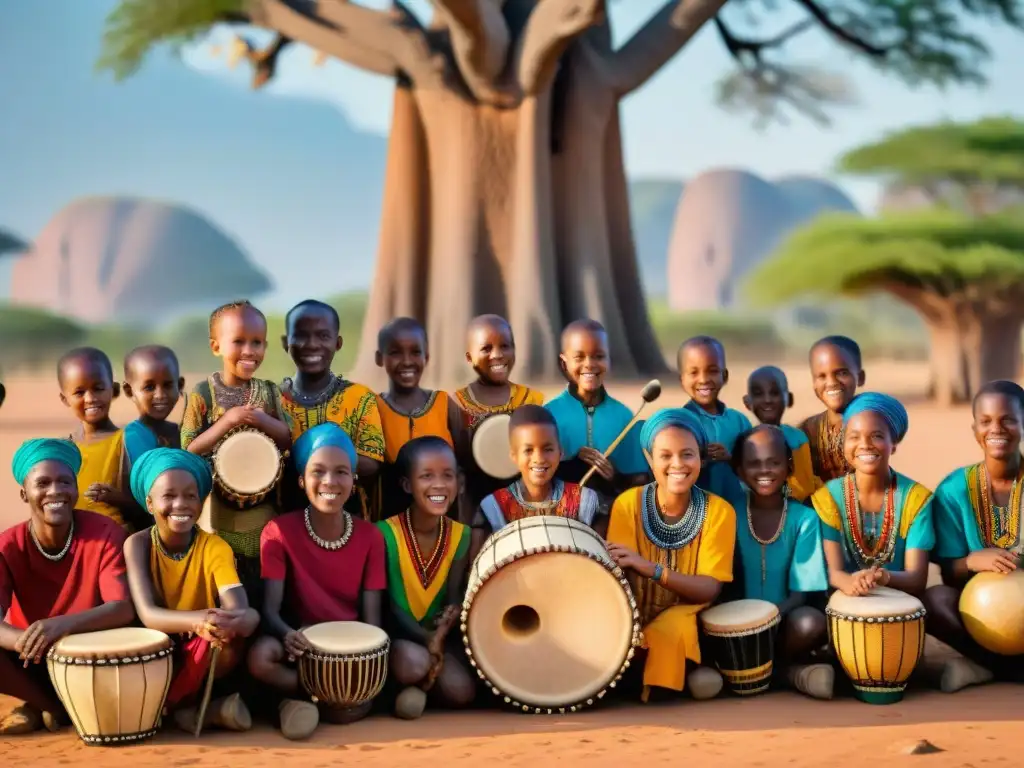 Un grupo diverso de niños africanos tocando instrumentos tradicionales bajo un baobab