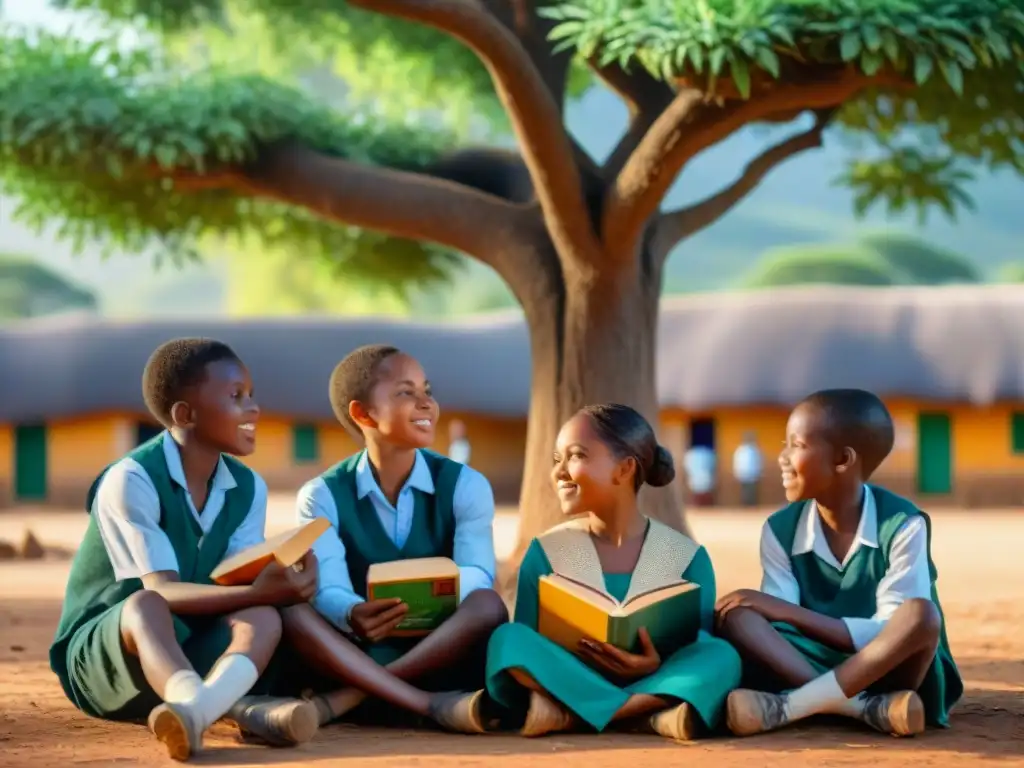 Un grupo diverso de niños africanos aprendiendo bajo un árbol en una escuela rural de África