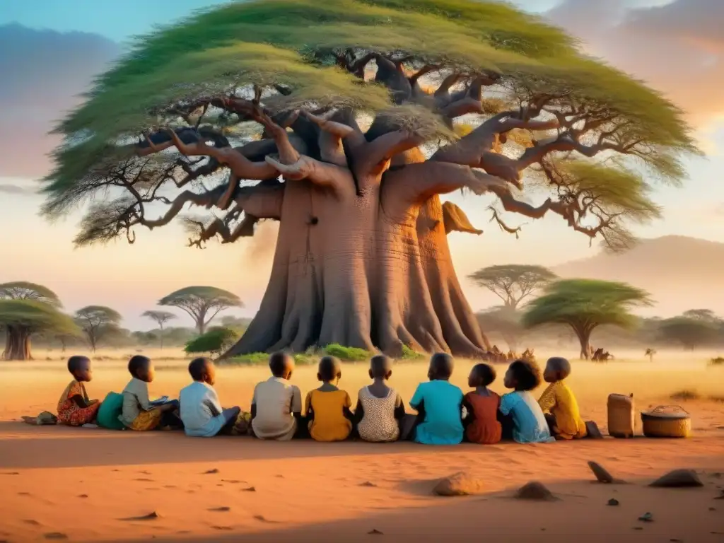 Un grupo diverso de niños africanos lee libros ilustrados bajo un baobab en la sabana al atardecer