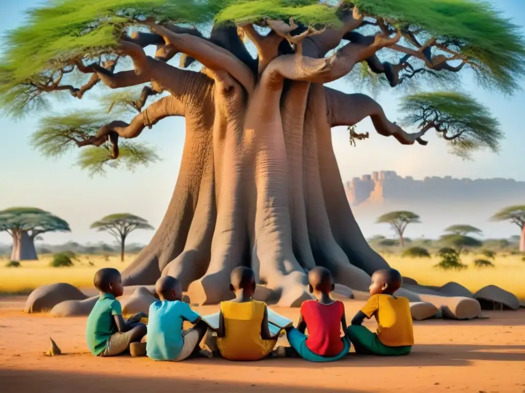 Grupo diverso de niños africanos leyendo libros sobre civilizaciones africanas bajo un baobab, rodeados de arte y naturaleza africana