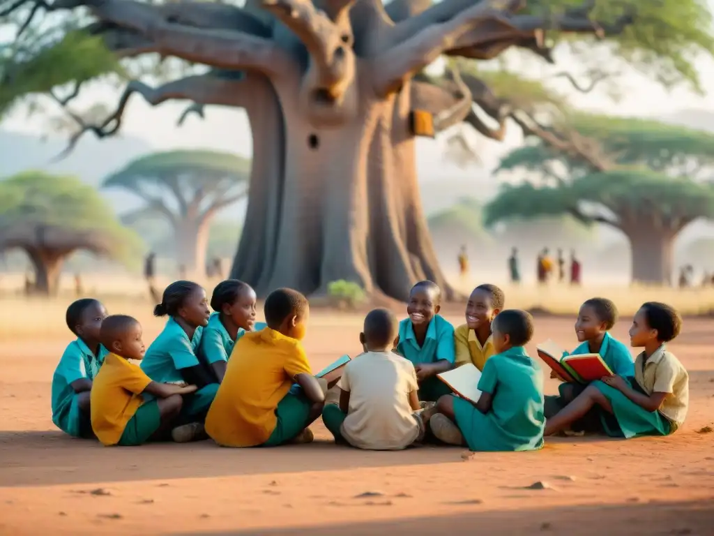 Grupo diverso de niños africanos debatiendo bajo un baobab, reflejando la inclusión de perspectivas africanas en educación