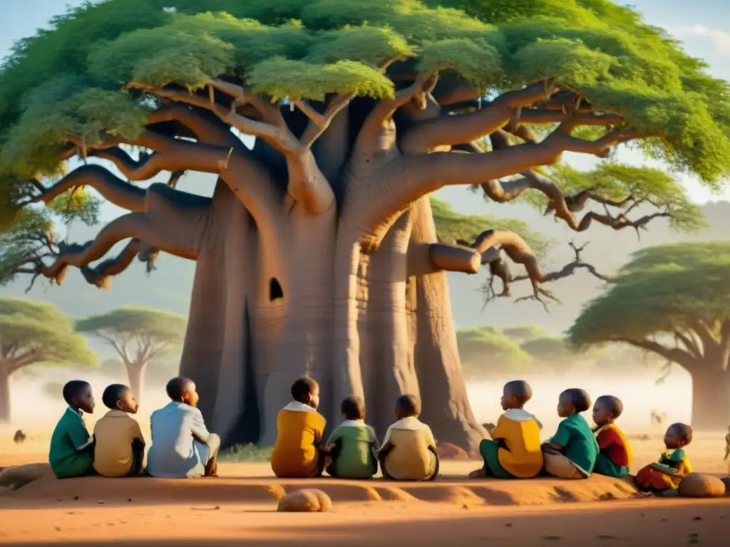 Un grupo diverso de niños africanos participan en una clase bilingüe bajo un baobab ancestral, destacando la educación bilingüe en África