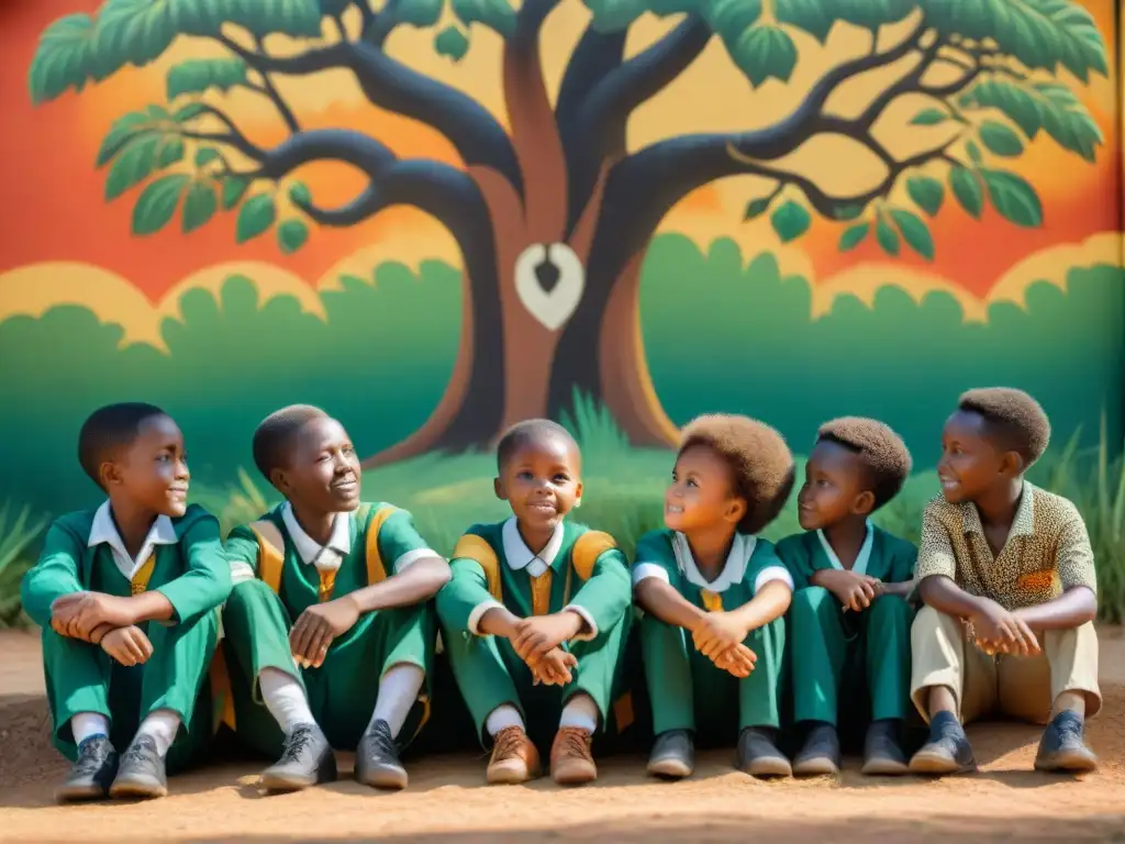 Un grupo diverso de niños africanos bajo un baobab, aprendiendo sobre enseñanzas contra el racismo en África