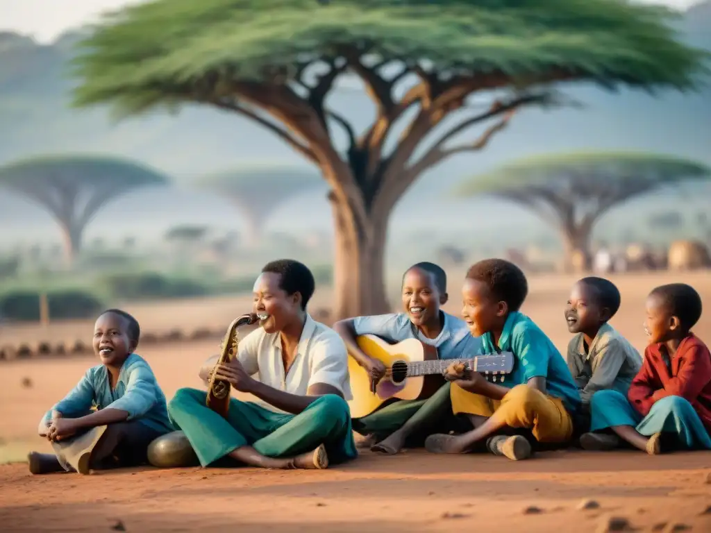 Un grupo diverso de niños africanos disfruta de una lección de música bajo un árbol, demostrando la música educativa en civilizaciones africanas