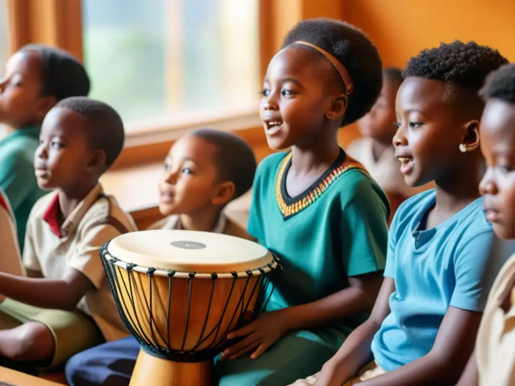 Niños aprendiendo y tocando instrumentos africanos en aula multicultural Grupo diverso de niños en aula aprendiendo con ritmos africanos educativos interculturales
