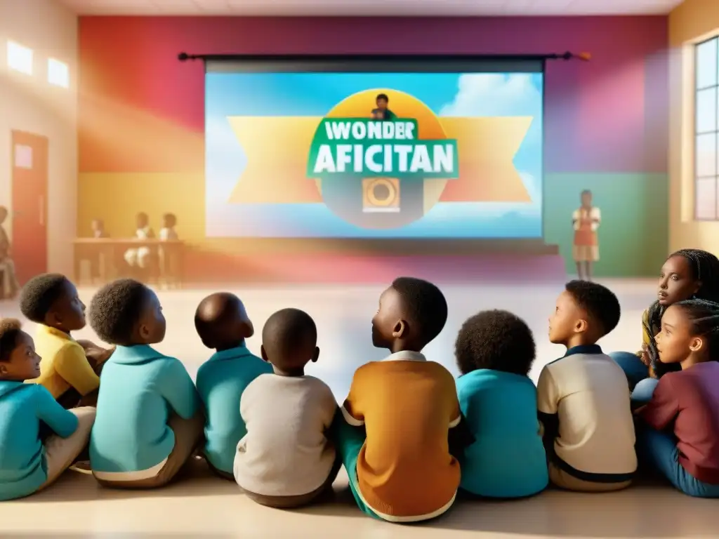 Grupo diverso de niños en clase viendo cine africano, reflejando importancia del cine africano en educación