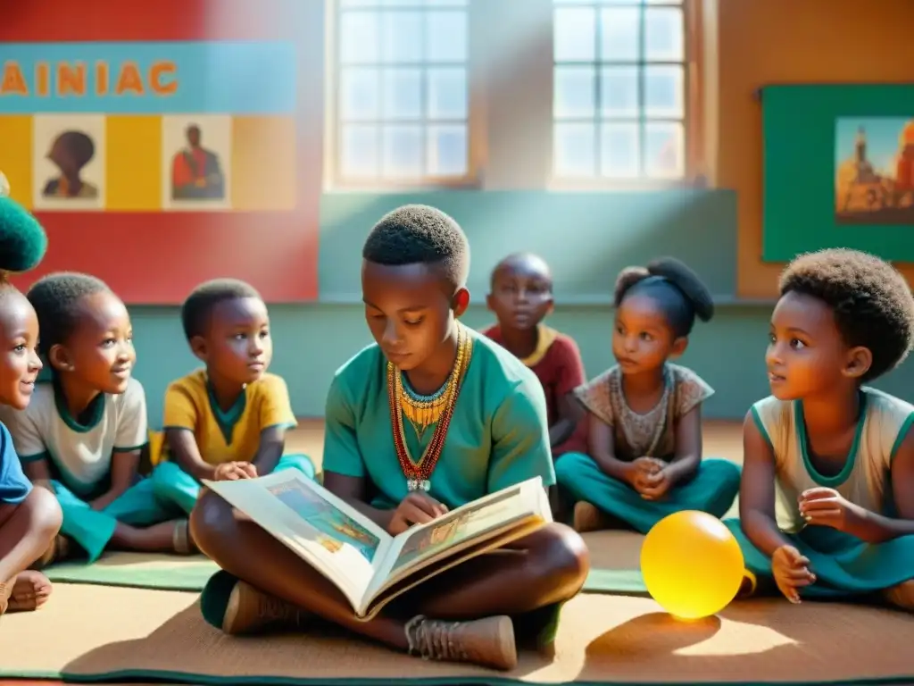 Un grupo diverso de niños escucha enérgicamente a un narrador con un libro popup ilustrado sobre civilizaciones africanas en un aula vibrante