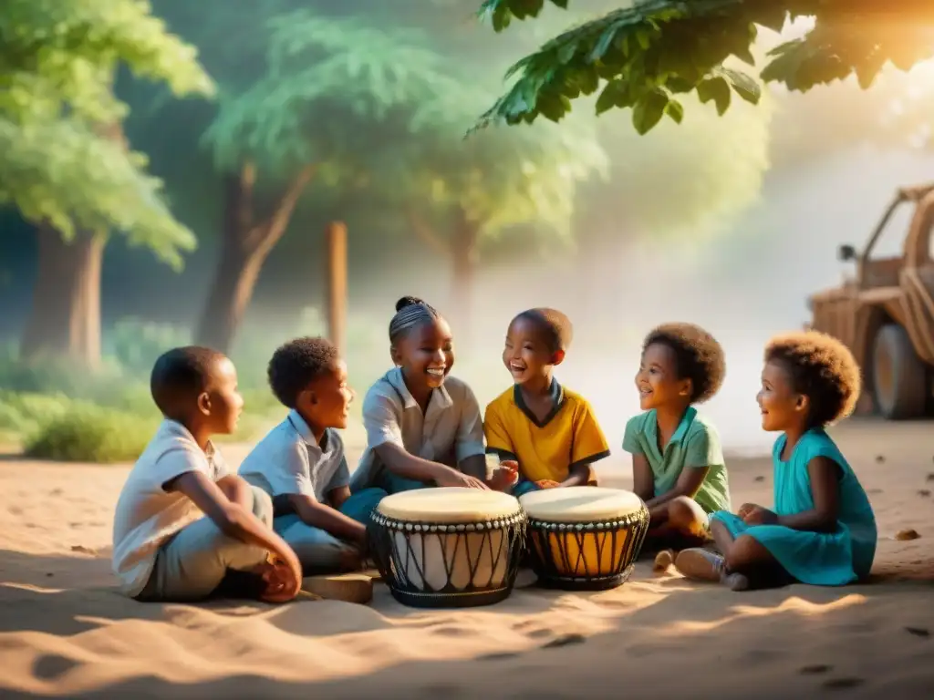Ritmos africanos: niños en círculo aprenden y disfrutan juntos Un grupo diverso de niños toca tambores africanos bajo la guía de un profesor sonriente, en una escena de ritmos africanos educativos interculturales